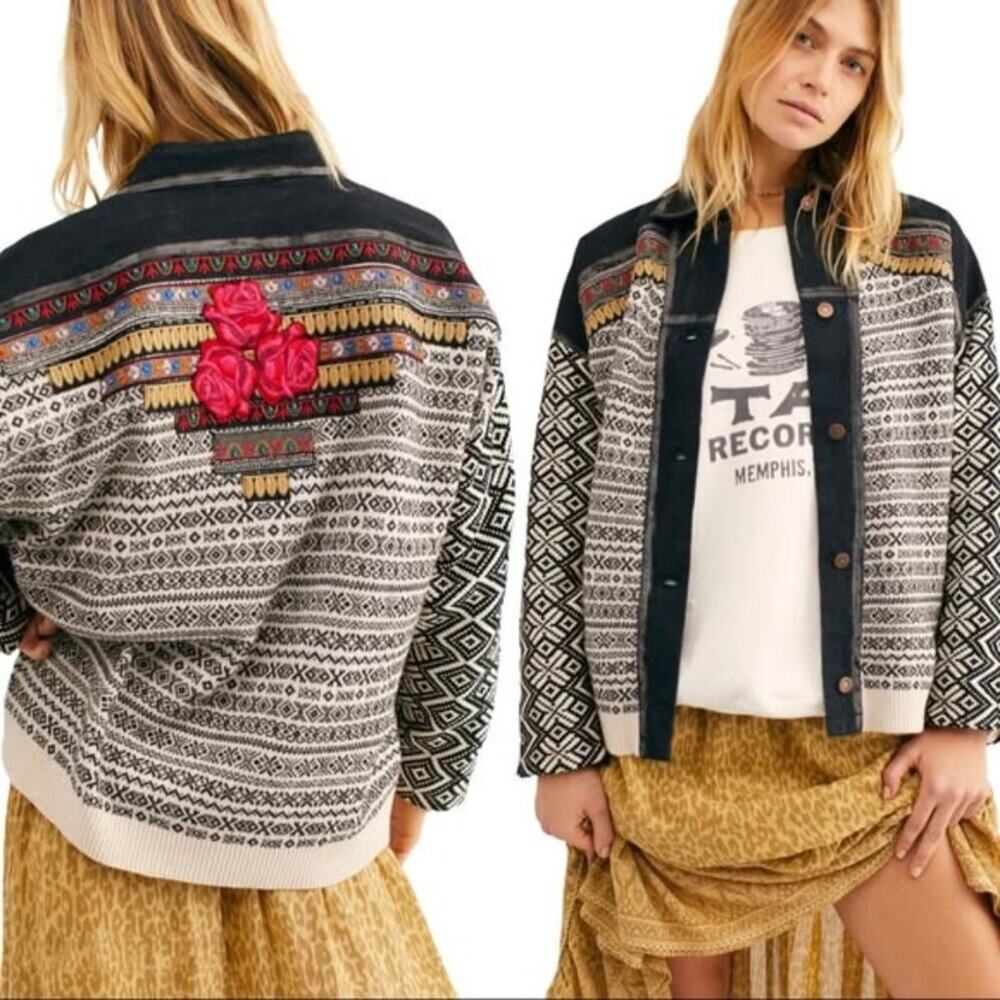 Free People Women's Love Test Mixed Media Rose Print Back Jacket Size Medium
